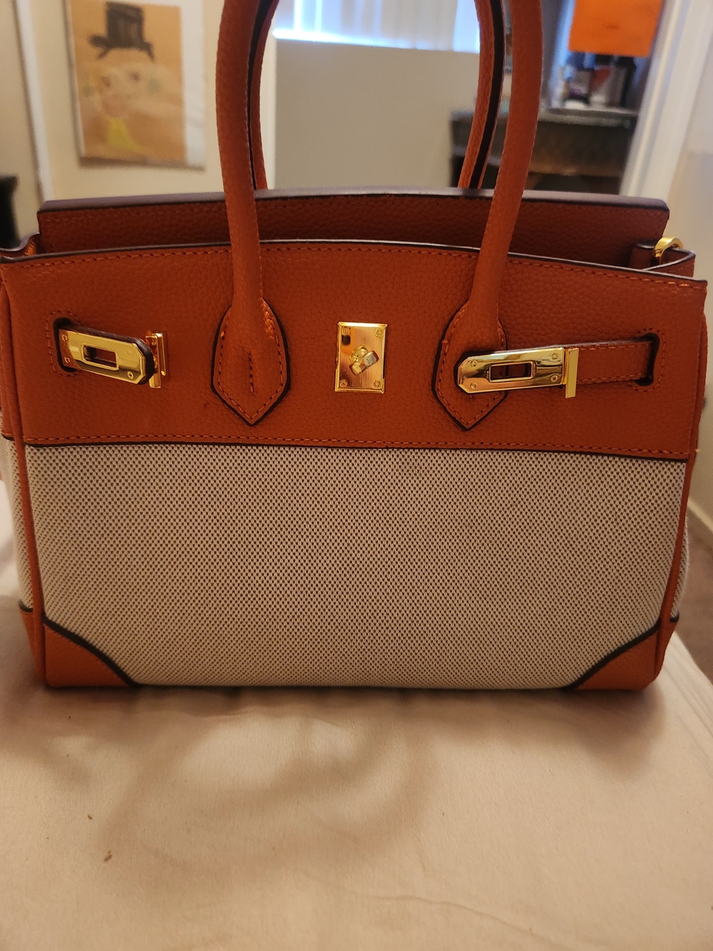 Luxury Two-Tone Tote Bag In Orange And Cream Canvaa
